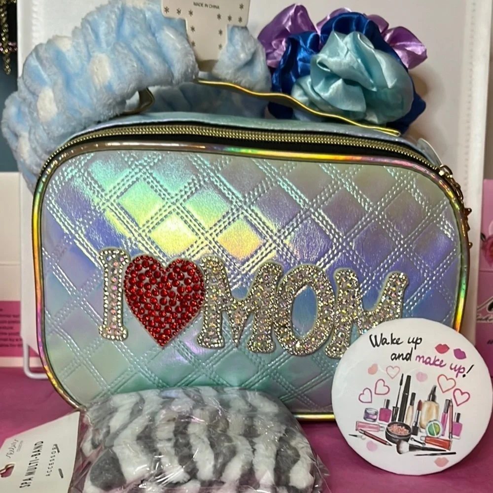 Silver and Red Quilted Cosmetic Bag with Accessories